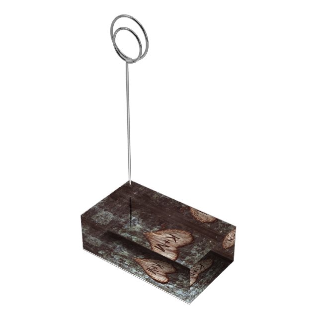 Old tree carved wood heart initials card holder (Corner)