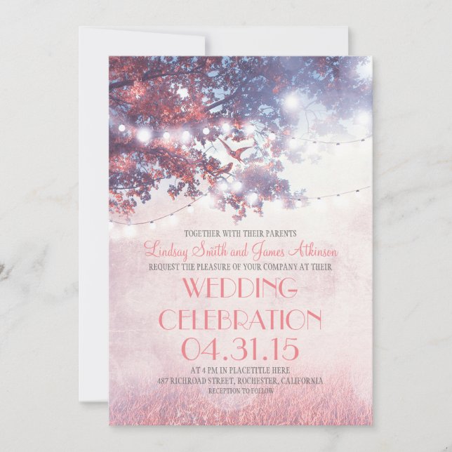 Old Tree Lights & Birds Wedding Invitation (Front)
