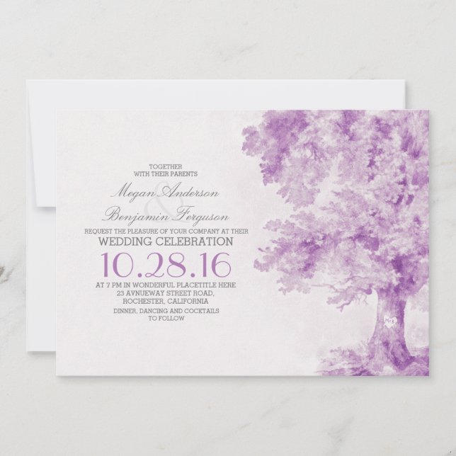 old tree purple watercolor wedding invitations (Front)