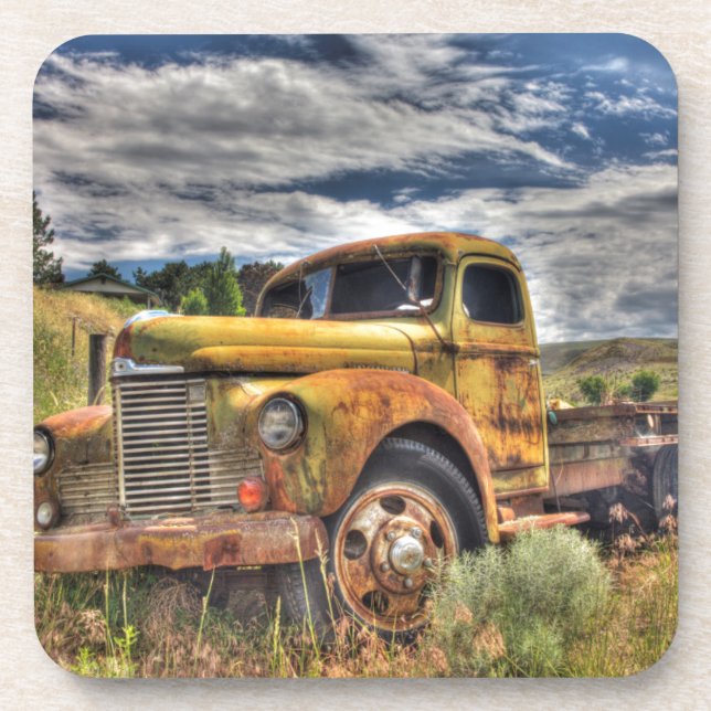 Old truck abandoned in field drink coaster (Front)