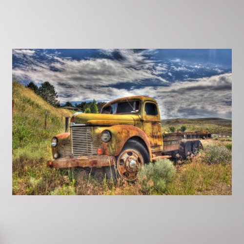 Old truck abandoned in field poster