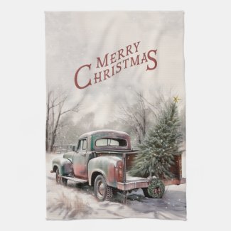 Old Truck Christmas Tree Kitchen Towel