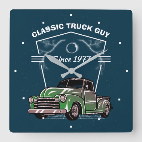 Old Truck Classic Truck Guy Green Chevy Date Blue Square Wall Clock