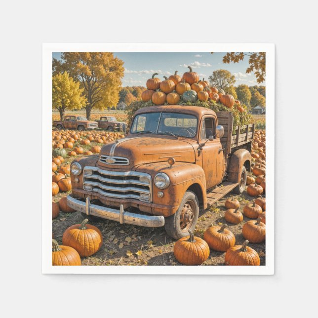 Old Truck Filled With Pumpkins Napkins (Front)