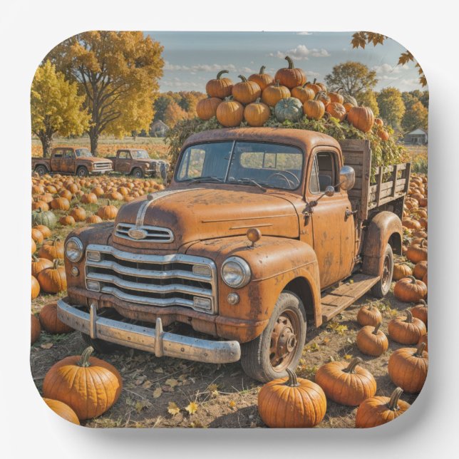 Old Truck Filled With Pumpkins Paper Plates (Front)