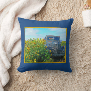OLD TRUCK IN SUNFLOWER FIELD THROW PILLOW