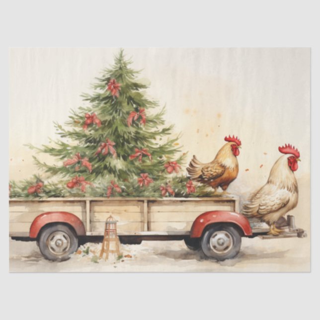 Old Truck Trailer with Winter Pine Tree & Chickens Tissue Paper (Front)