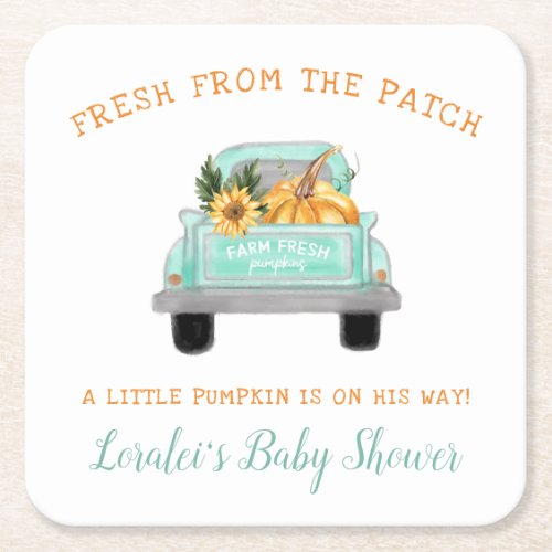 Old Truck With Pumpkin On The Way Fall Baby Shower Square Paper Coaster