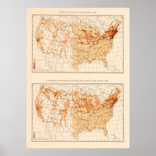 Old US Irish Population Map 1900  Poster