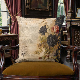 Old Victorian Black Floral Throw Pillow