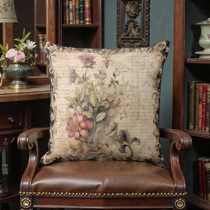 Old Victorian Black Floral Throw Pillow