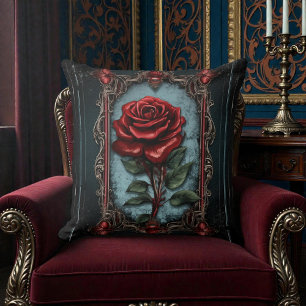 Old Victorian Black with Red Rose Throw Pillow