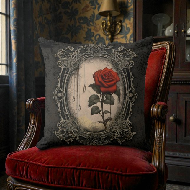 Old Victorian Black with Red Rose Throw Pillow (Creator Uploaded)