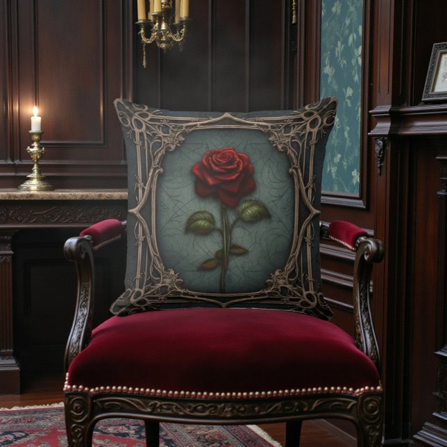 Old Victorian Black with Red Rose Throw Pillow (Creator Uploaded)