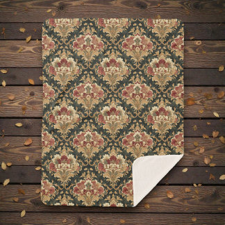 Old Victorian Damask Pattern Sherpa Blanket