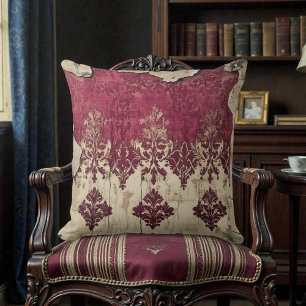 Old Victorian Dark Red Maroon Floral Throw Pillow