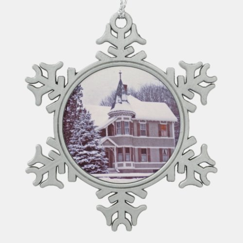 Old Victorian House Snowflake Pewter Christmas Ornament