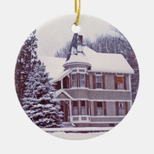 Old Victorian House with Customizable Text on Back Ceramic Ornament