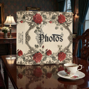 Old Victorian Red Rose Floral Photo Album 3 Ring Binder