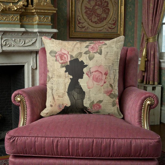 Old Victorian Silouette with Pink Roses Throw Pillow (Creator Uploaded)
