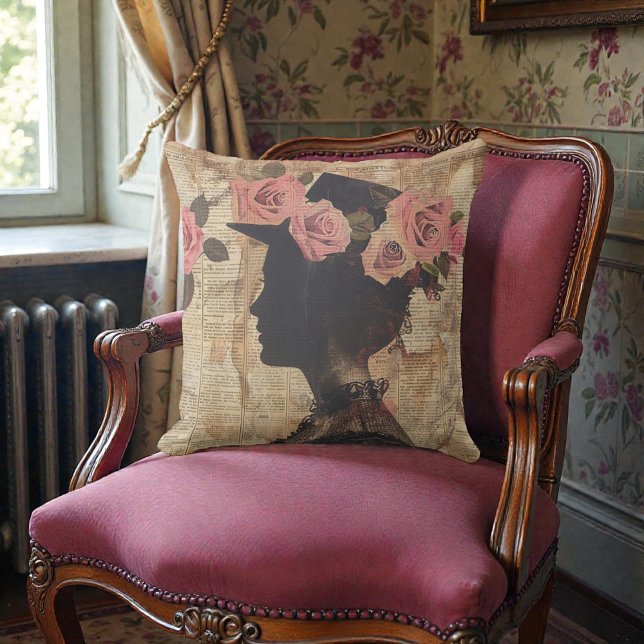 Old Victorian Silouette with Pink Roses Throw Pillow (Creator Uploaded)