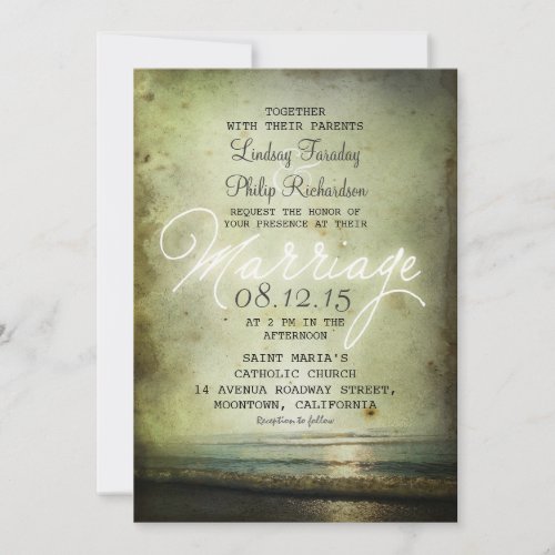 old vintage BEACH WEDDING INVITATIONS - Unique grungy beach wedding invitations with beautiful typography and old stained landscape of the sunset in the sea.  



