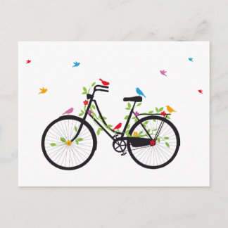 Old vintage bicycle with flowers and birds postcard