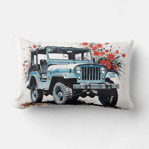 Old Vintage Blue 4x4 Off Road Truck With Flowers Lumbar Pillow