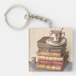 Old Vintage Books and a Cup of Coffee Keychain