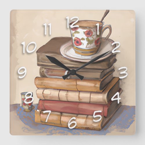 Old Vintage Books and a Cup of Coffee Square Wall Clock