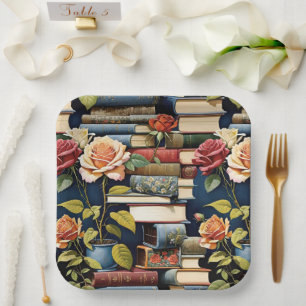 Old Vintage Books And Roses Paper Plates