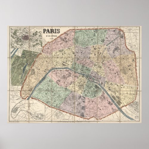 Old Vintage City Map of Paris France Europe Poster