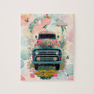 Old Vintage Farm Truck Floral Pastels Jigsaw Puzzle