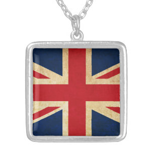 Old Vintage Grunge United Kingdom Flag Union Jack Silver Plated Necklace