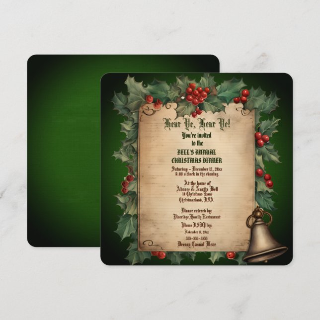 Old Vintage Holly  Christmas Dinner Invitation (Front/Back)