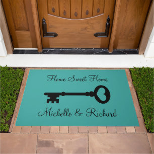 Old vintage key big blue doormat with elegant text