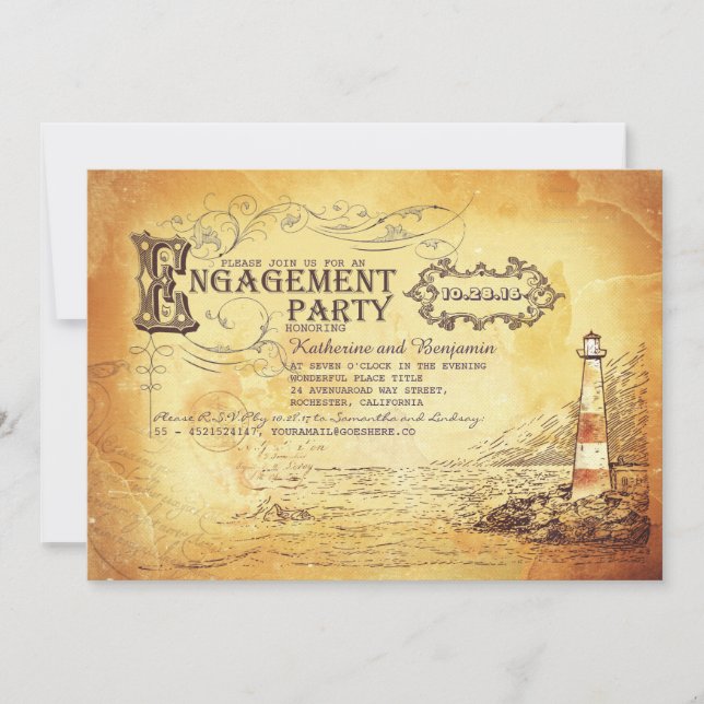 Old vintage lighthouse nautical engagement party invitation (Front)