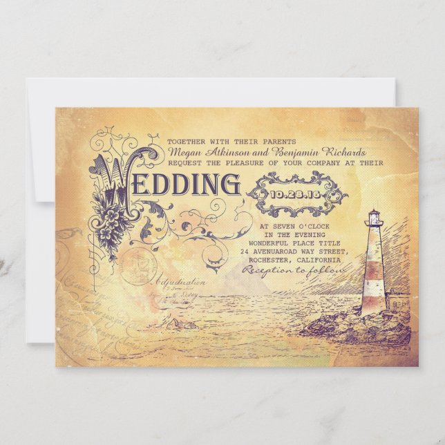 Old vintage lighthouse nautical wedding invites (Front)