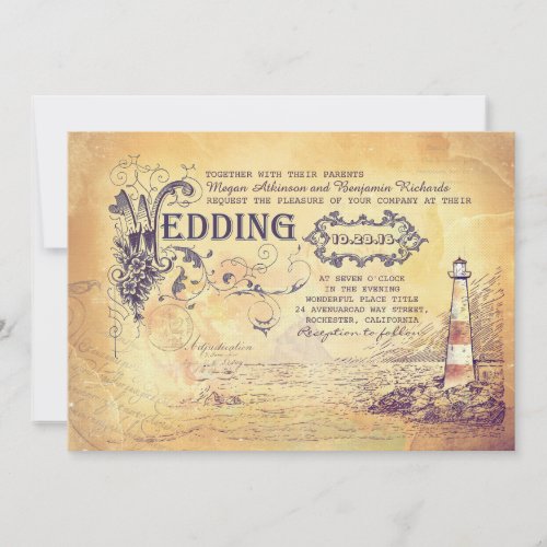 Old vintage lighthouse nautical wedding invites - Seashore nautical lighthouse wedding invitation with old parchment background, antique fonts typography and seascape drawing.Perfect invite for the vintage beach wedding with lighthouse reception, nautical wedding themes or destination wedding. 



  



  


 
