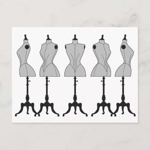 Old vintage mannequins fashion illustration postcard