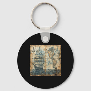 Old Vintage Nautical Map Pirate Ship Sailboat Sea Keychain