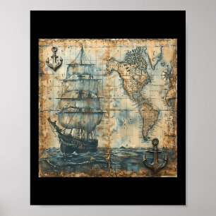 Old Vintage Nautical Map Pirate Ship Sailboat Sea Poster