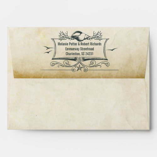 Old vintage paper envelopes with seashells address
