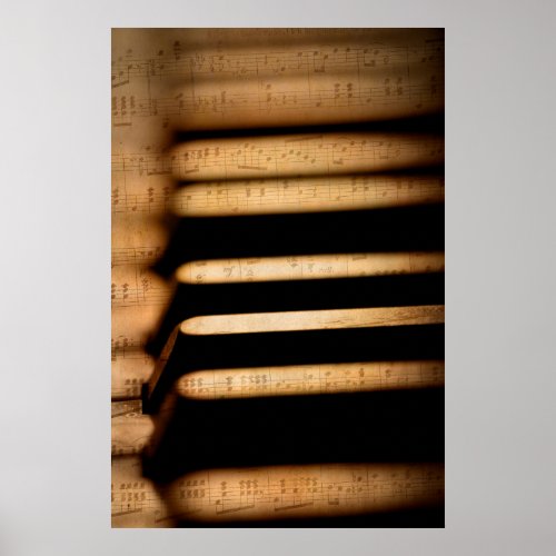 Old vintage piano keys and sheet music