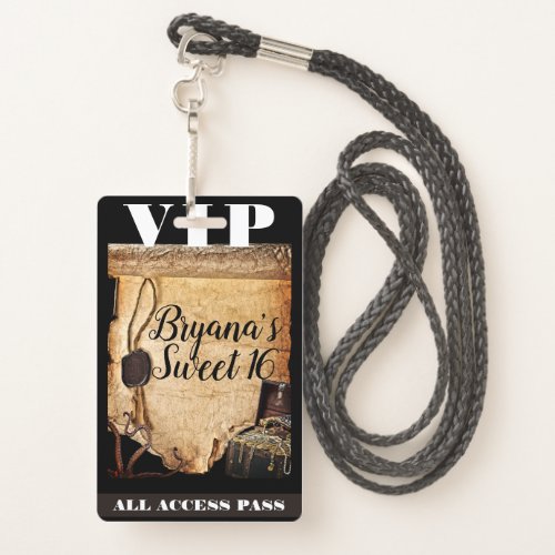 Old Vintage Pirate Scroll Birthday Party VIP Pass  Badge