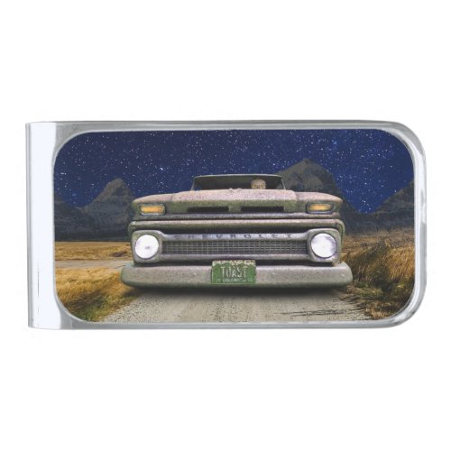 Old Vintage Rat Rod Pickup Truck Zombie Driver Silver Finish Money Clip