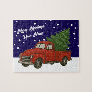Old vintage red pickup truck with Christmas tree Jigsaw Puzzle
