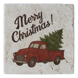 Old vintage red pickup truck with Christmas tree Trivet