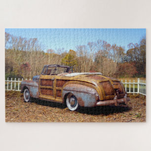 Old Vintage Rusty Barn Find Car Woody Convertible Jigsaw Puzzle