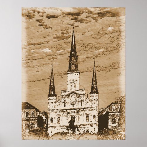 Old Vintage St Louis Cathedral French Quarter Poster